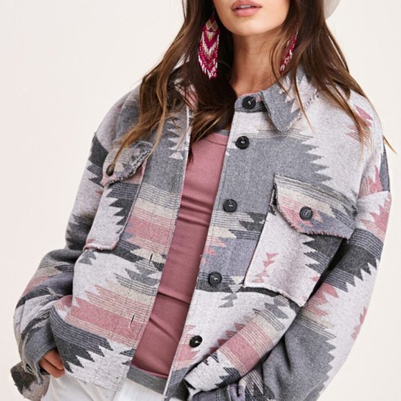 Geometric Print Boxy Cropped Raw Hem Jacket - Picture 4 of 5